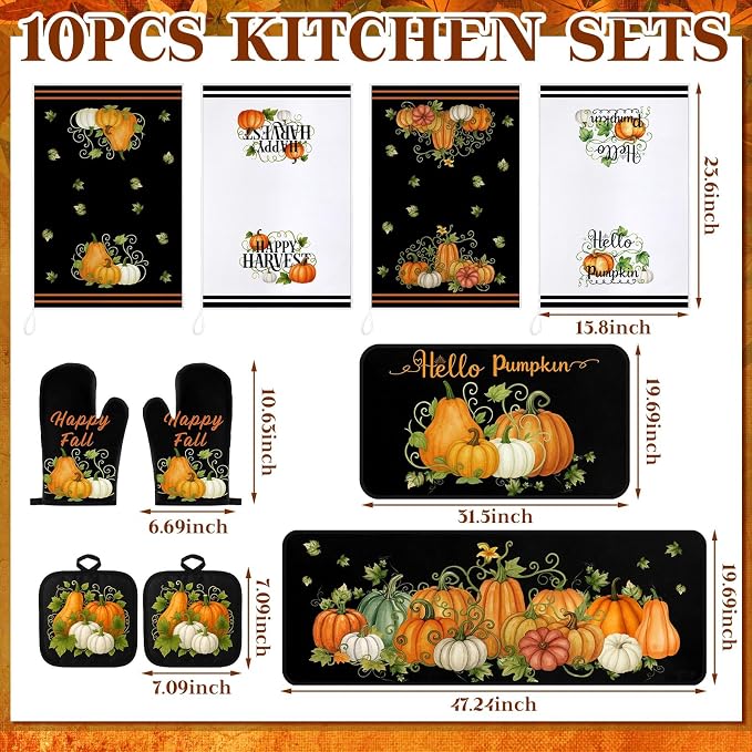 Fanfanwin 10 Pcs Fall Pumpkin Kitchen Decor and Accessories Set Kitchen Towels Pot Holders Oven Mitts and Rugs Sets for Home Autumn Decorations Cooking Baking Housewarming Gifts