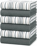 Bumble Kitchen Towels 6 Pack 100% Cotton 16"x26" - Grey Wide Stripe | 430 GSM Soft Kitchen Hand Towels with Hanging Loop, Highly Absorbent & Durable for Washing and Drying Dishes