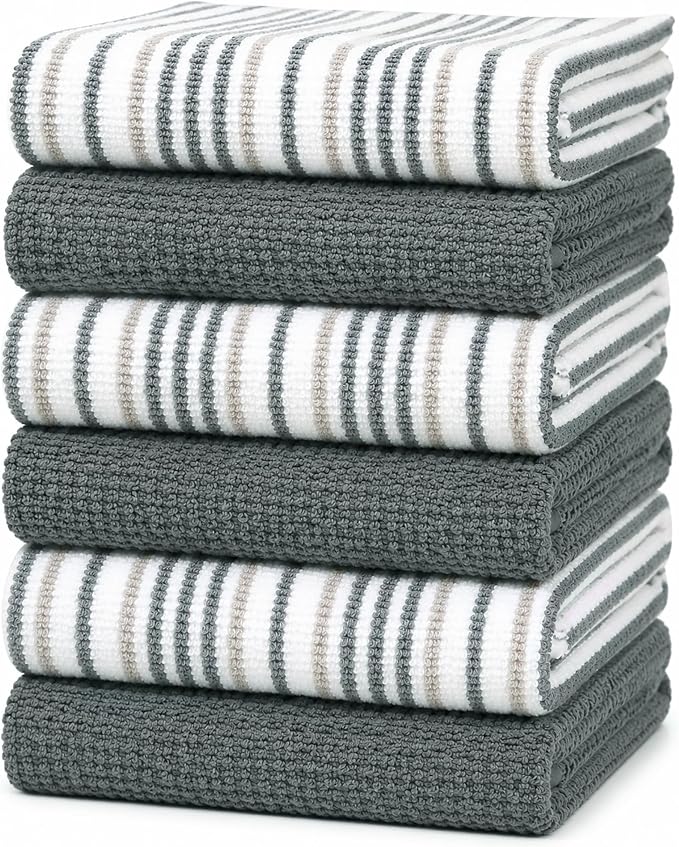 Bumble Kitchen Towels 6 Pack 100% Cotton 16"x26" - Grey Wide Stripe | 430 GSM Soft Kitchen Hand Towels with Hanging Loop, Highly Absorbent & Durable for Washing and Drying Dishes