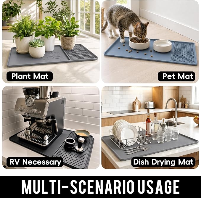 Caketime 2 In 1 Silicone Coffee Bar Mat Accessories for Keurig Coffee Maker with Detachable Dish Drying Rug Kitchen Counter Under Sink Drainer Necessities Home Decor 16"x24" Extra Large Light Gray