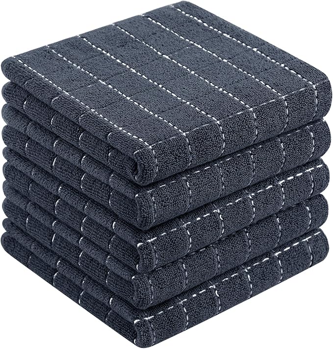 Homaxy 100% Cotton Terry Kitchen Towels, 5 Pack, Dark Grey | Ultra Soft and Absorbent Dish Towels for Kitchen, Suitable for Drying and Washing Dishes