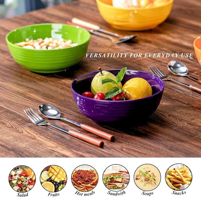 7-Inch Melamine Bowls (Set of 6) - Unbreakable and Reusable Plastic Dinnerware with Ceramic Feel, Stackable and Dishwasher-Safe - Versatile for All Meals (Green)