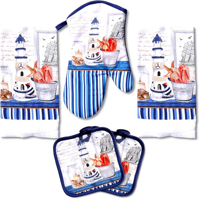 Nautical Lighthouse 5 Piece Kitchen Towel Set | Kitchen Towel Set with 2 Decorative Dish Towels (25 X15), 1 Oven Mitt (11 X 7) and 2 Potholders (6.5 X 6.5)