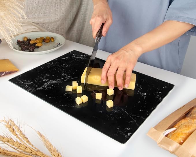 Glass Cutting Board 16"x12": Tempered Glass Kitchen Counter Protector - Durable- Scratch-Resistant, Heat-Proof - Design 1 - Black Marble Effect