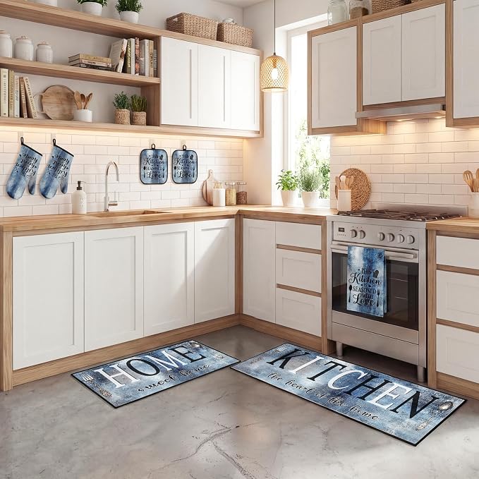 10 Pcs Kitchen Decor and Accessories Set, Rustic Country Blue | Vintage 4 Dish Towels Kitchen Rugs 2 Oven Mitts 2 Pot Holders, Home Decor for Cooking Baking BBQ Gifts Women Mom Housewarming