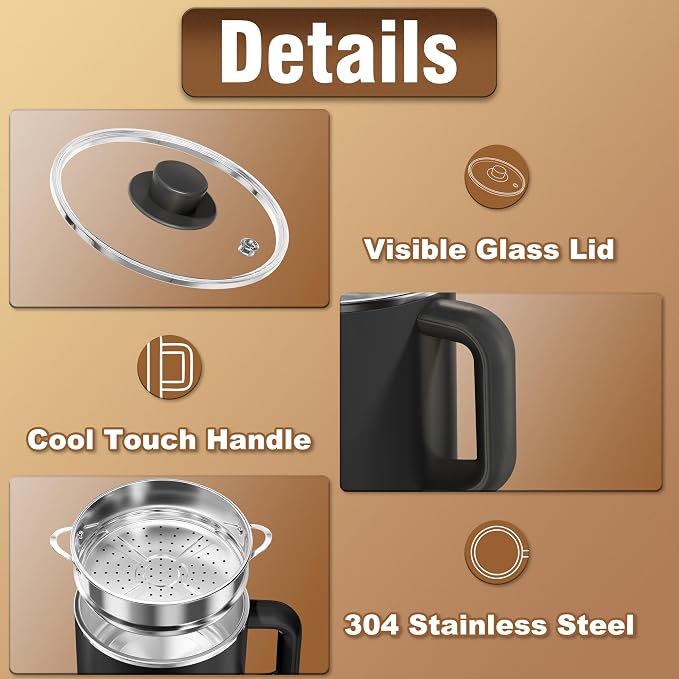 Topwit 1.6L Electric Pot, Stainless Steel Ramen Cooker with Steamer | Dual Power Setting, Cooking for Hot Pot, Pasta, Oatmeal, Soup & Egg, Overheat & Boil-Dry Protection, for Dorm & Office