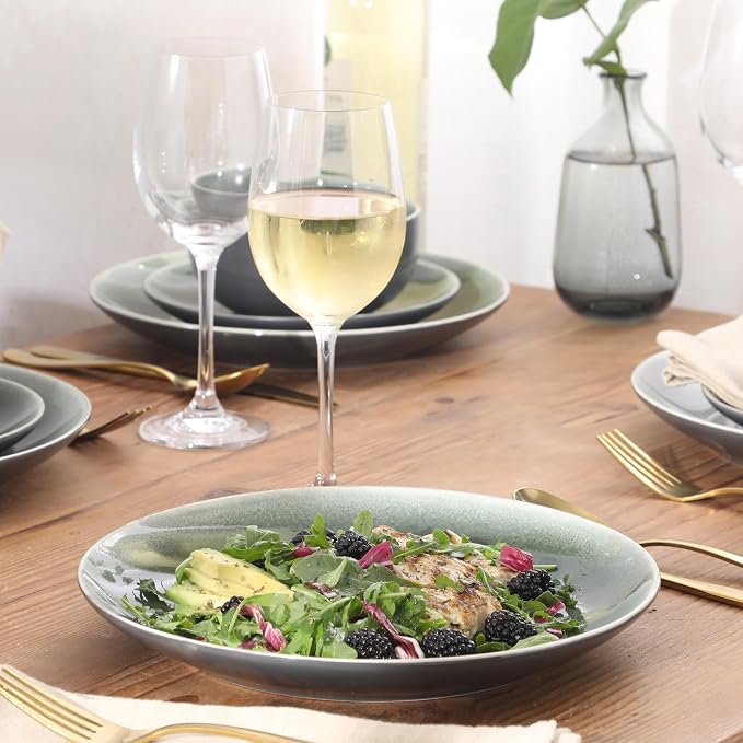 Gibson Elite Pine Coast Plates and Bowls Sets, 12-Piece Stoneware Dinnerware Sets, Reactive Glaze Dish Set - Green