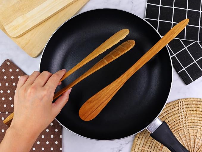 SarnThai Wood Tongs for Cooking, 12 Inch Handcrafted Teak Wood Toaster Tongs for Bread, BBQ, Meat, Salad, Pasta, Kitchen Serving