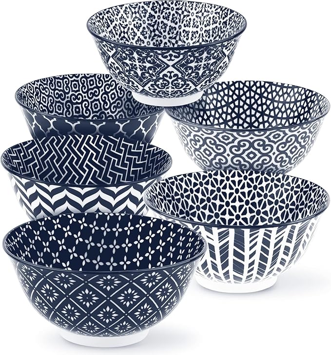 KooK Soup Bowl, Cereal Bowl, Ceramic Cereal Bowls, Microwave, Dishwasher and Freezer Safe, Porcelain Dishes for Soup, Pasta, Salad, Oatmeal, Deep Interior (White & Blue)
