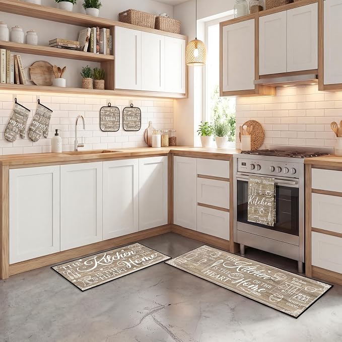 10 Pcs Kitchen Decor and Accessories Set, Farmhouse Brown | Rustic Wood Baking 4 Dish Towels Kitchen Rugs 2 Oven Mitts 2 Pot Holders, Home Decor for Cooking Baking BBQ Housewarming