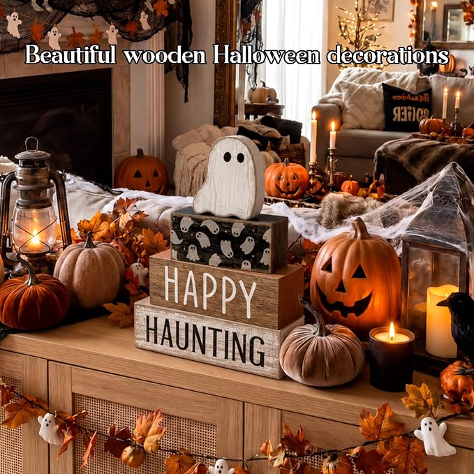 Lineshading 4 Pcs Happy Haunting Wood Blocks, Halloween Farmhouse Decor | Rustic Stacking Blocks for Tiered Tray, Wood Signs with Ghost Theme, Tabletop Display for Home Shelf, Farmhouse Style