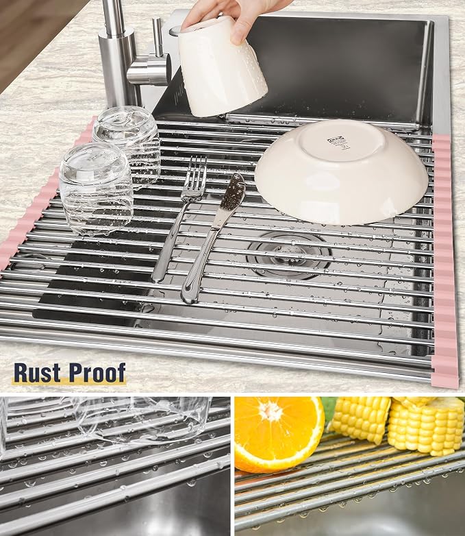 Tomorotec Roll Up Dish Drying Rack Over Sink, 304 Steel, 21x15.5, Pink | Anti-Slip Silicone Rims For Grip, Heat-Resistant Trivet Mat Holding Heavy Cookware, Rustproof Kitchen Counter Space Saver