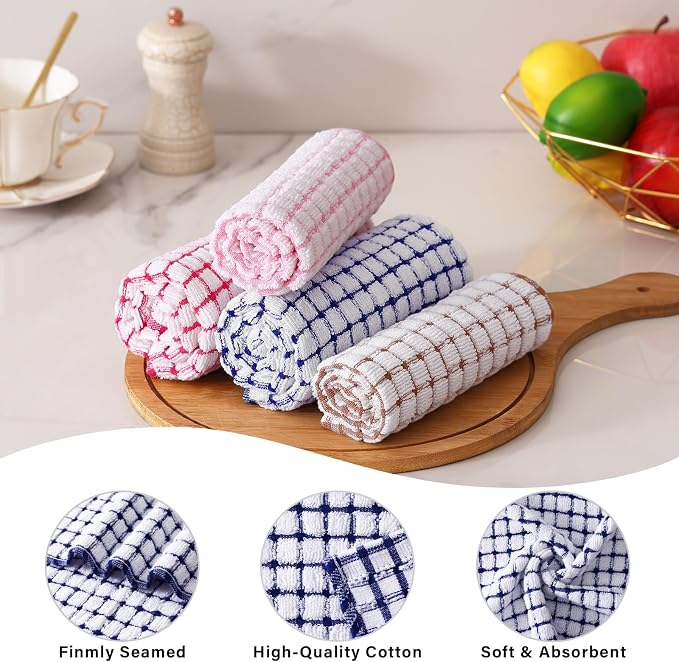 Kitinjoy Cotton 16 Pack Terry Kitchen Dish Cloths, Mix Colour | 12 x 12 Inches Super Soft and Absorbent Dish Rags, Quick Drying Dish towels for Washing Dishes