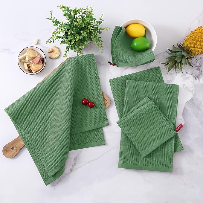 Homaxy 100% Cotton Waffle Weave Dish Cloths, 6 Pack, Grass Green | Soft and Absorbent Dish Towels, 12 x 12 Inches Quick Dry Dish Rags