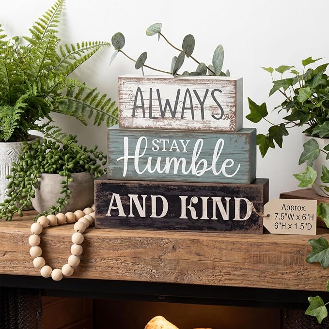 Lineshading 4 Pcs Inspirational Farmhouse Table Decor Wooden Shelves Signs | Always Stay Humble and Kind Quote, Rustic Wooden Blocks, Eucalyptus Accent, Tiered Tray Tabletop Home Decor Gift