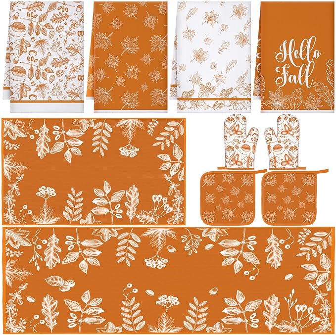 Fourluoo 10 Pcs Kitchen Dish Towels Rugs Oven Mitts and Pot Holders Set Farmhouse Kitchen Decor Set for Women Mom Daughter Gift Cooking Baking Grilling(Orange and White,Fall Leaf)