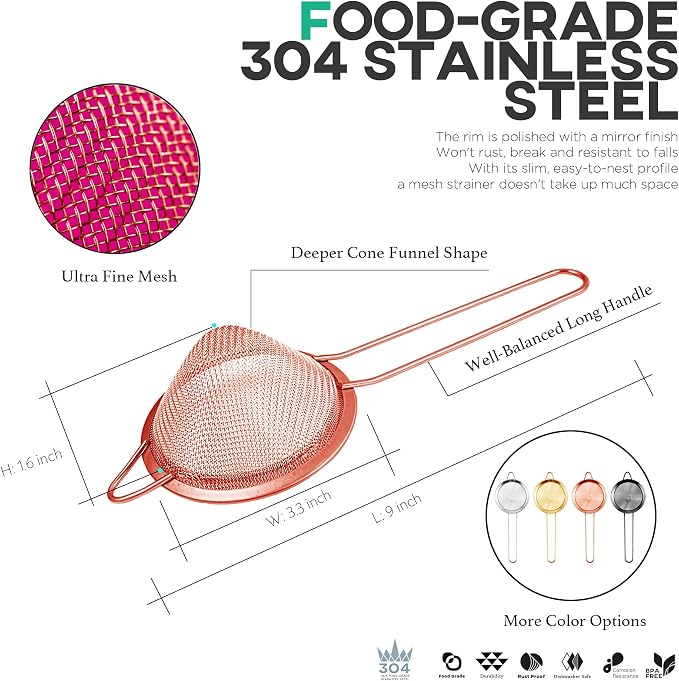 Homestia 304 Stainless Steel Fine Mesh Strainer, Sieve Sifter For Tea, Rose | 3.3'' Kitchen Small Strainer Fine Mesh, Cone Cocktail Strainer, Bar Strainer for Food, Rice, Fruits, Juicing, Drinks, Coffee