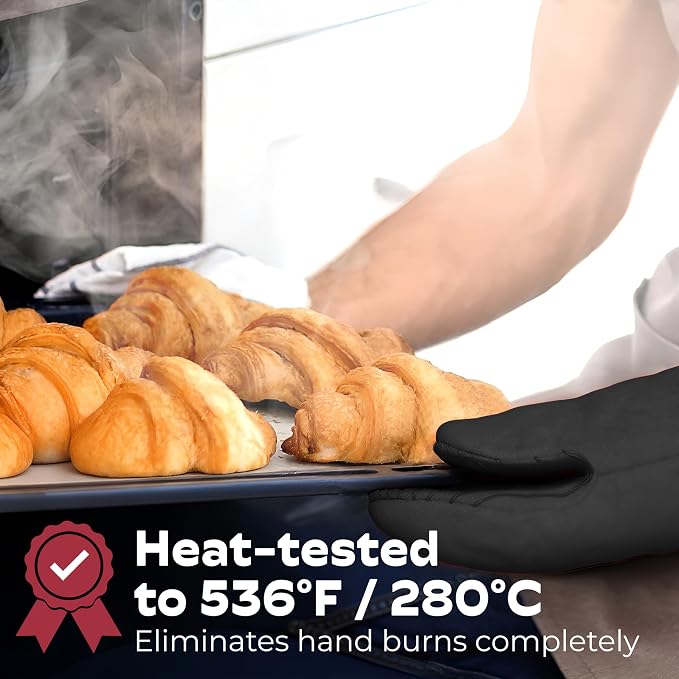 Silicone Mini Oven Mitts - Black Set of 2 - Heat Resistant to 536 F / 280 C Kitchen Gloves Professional Grade Pot Holders for Cooking Baking
