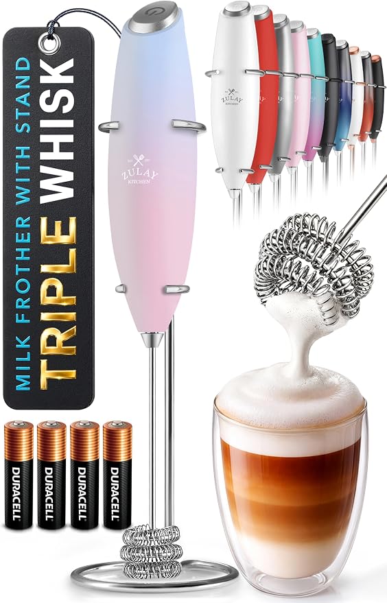 Zulay Kitchen Powerful Milk Frother Wand With Duracell Batteries - Ultra Fast Handheld Drink Mixer - Electric Whisk Foam Maker for Coffee, Lattes, Cappuccino & Matcha - Triple Whisk - Orchid Bloom