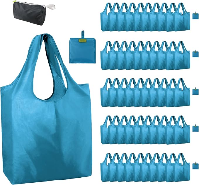 BeeGreen Light Blue Reusable Grocery Bags Wholesale Blue Reusable Kitchen Bags Bulk Foldable-Machine Washable with Zipper Storage Pouch 50 Packs
