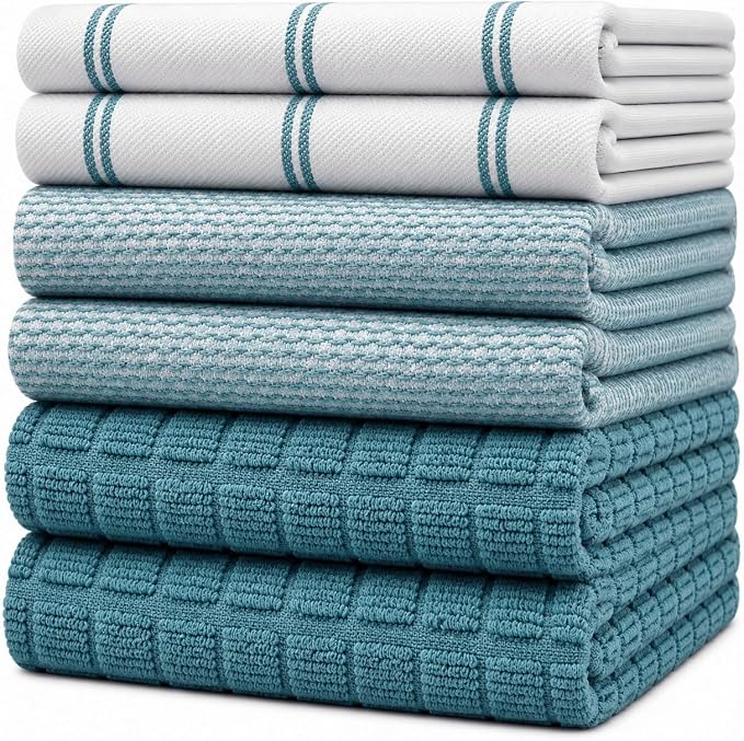 Premium Kitchen Towels 6 Pack 100% Cotton, 20"x28" Dish Towels - Teal Check | Large Flat & Terry Kitchen Linen Set with Hanging Loops, Highly Absorbent for Washing and Drying Dishes