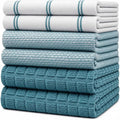 Premium Kitchen Towels 6 Pack 100% Cotton, 20"x28" Dish Towels - Teal Check | Large Flat & Terry Kitchen Linen Set with Hanging Loops, Highly Absorbent for Washing and Drying Dishes