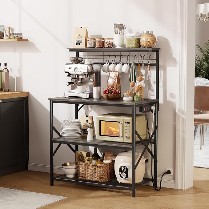 Furologee Kitchen Bakers Rack with Power Outlet,Coffee Stand with Storage 4 Tiers,Coffee Bar Station with a 31.5 Inch Larger Desktop and 8 S Hooks,Kitchen Microwave Rack for Spices,Pots,Black Oak