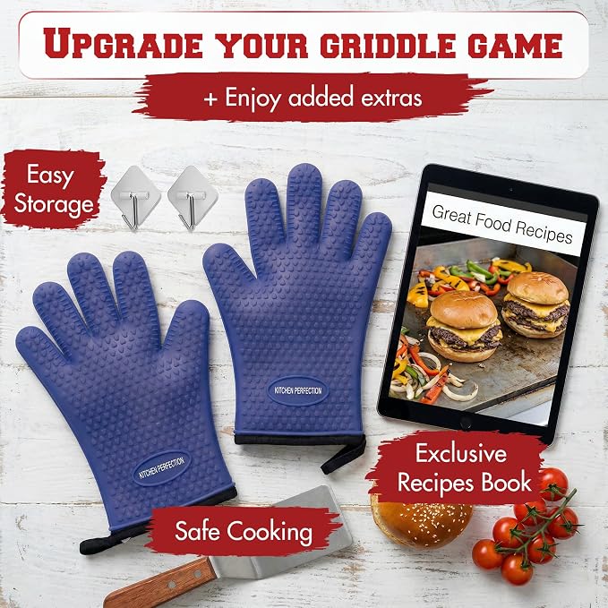 KITCHEN PERFECTION XL Silicone Griddle Gloves - Heat Resistant Oven Mitts | Waterproof, 5-Finger Design For A Better Grip, Best Griddle Grilling Accessories, Compatible with Blackstone, Weber & More