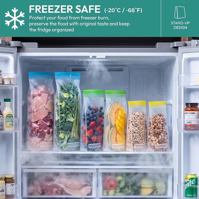 24 Pack Reusable Food Storage Bags Stand Up Dishwasher Safe BPA Free | Reusable Freezer Bags, Extra Thick Leakproof Ziplock Bags for Freezer Storage & Family Use (8 Gallon,8 Half Gallon, 8 Quart)