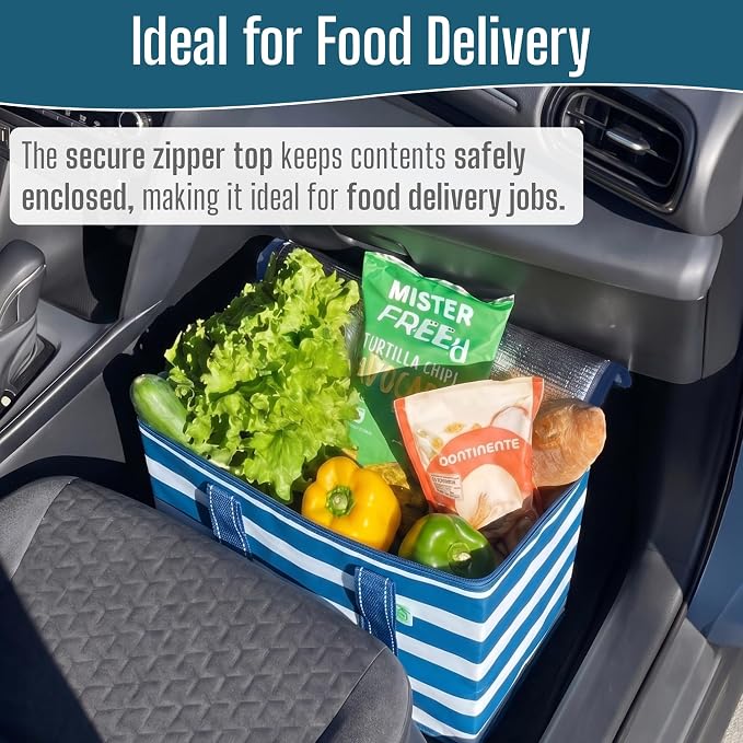 VENO 2 Pack Insulated Cooler Bag Reusable Grocery Bag for Food Delivery | Heavy Duty Large Collapsible Cooler Shopping Tote w/ Zippers,Foldable,Stands Upright for Camping(Classic Navy Stripe,2 Pack)