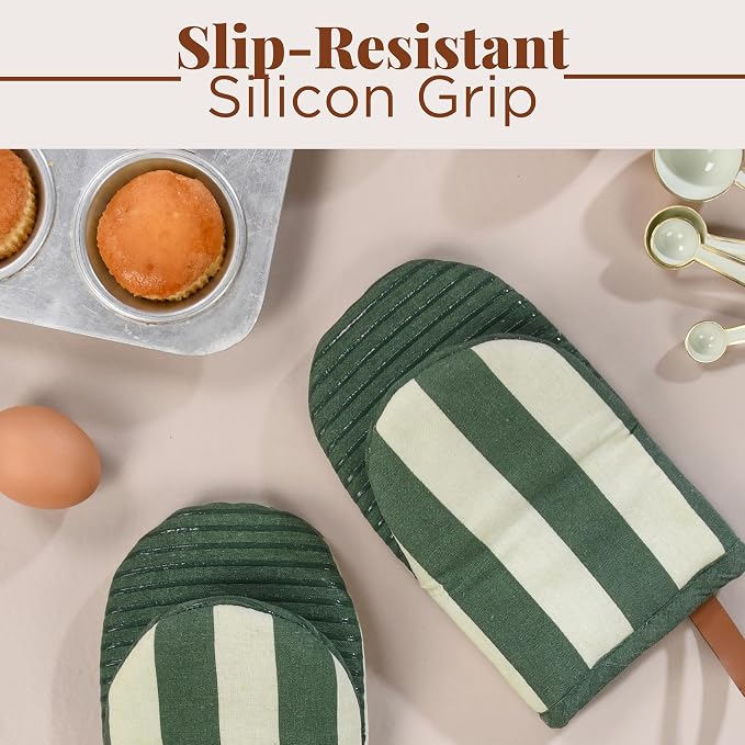 Folkulture Oven Mitts, Matcha Green, Set of 2, Heat Resistant - (5.75"x9") | 100% Cotton, Non Slip, Silicone, Cute Striped Mini Mits with Hanging Loop, Kitchen Décor, Cooking Gifts, New Home Essentials