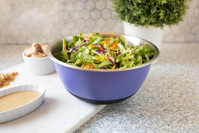 Fox Run Stainless Steel Mixing Bowl, 4.25 Quart Purple Mixing Bowl | Non-Skid Base For Easy Mixing | Cute Purple Design | Double Wall Stainless Steel Mixing Bowl For Temperature Retention