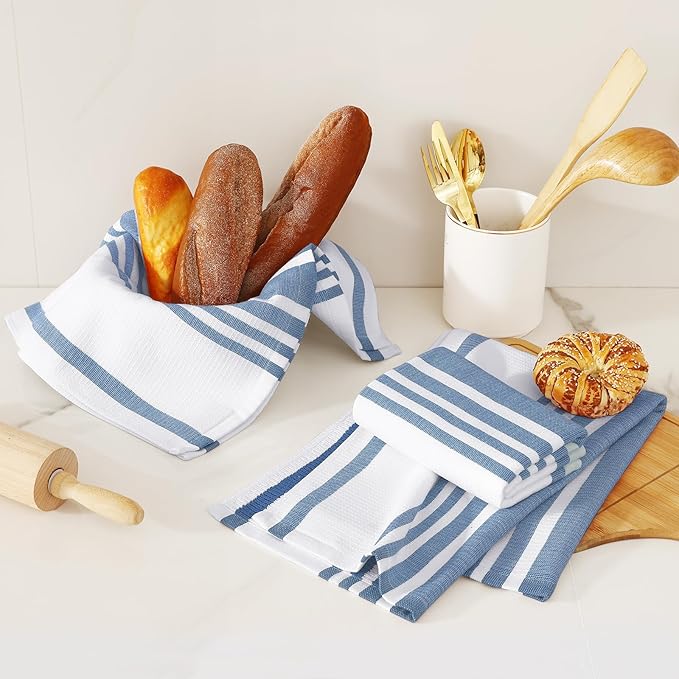 Homaxy Premium Cotton Stripe Kitchen Towels 3 Pack, 18"x 28", Navy Blue | Large 380 GSM Kitchen Hand Towels, Soft Terry Dish Towels, Highly Absorbent Tea Towel Set with Hanging Loop