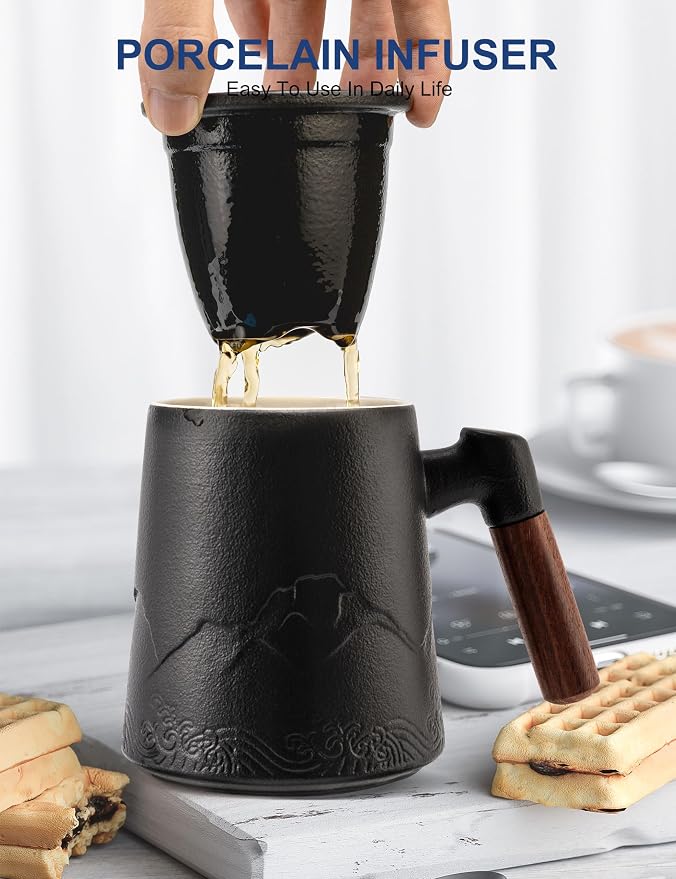suyika Tea Cup with Infuser and Lid, Gradient Black & Blue, 15.2oz /450ml | Ceramic Mug, Wood Handle, For Loose Leaf Tea