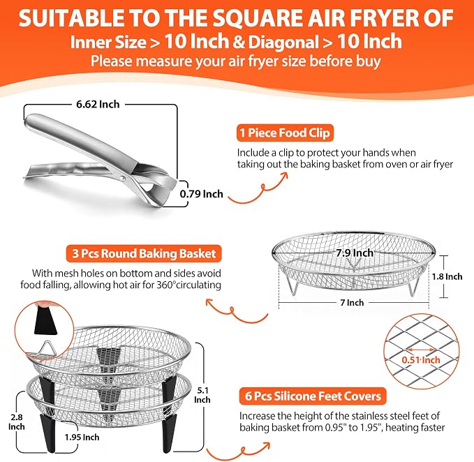 P&P CHEF 7.9'' Round Air Fryer Rack Set of 3, Air Fryer Basket for Grill | Stackable Stainless Steel Air Fryer Accessories for Roasting, With Anti-scalding Clip & Silicone Feet, Oven & Dishwasher Safe