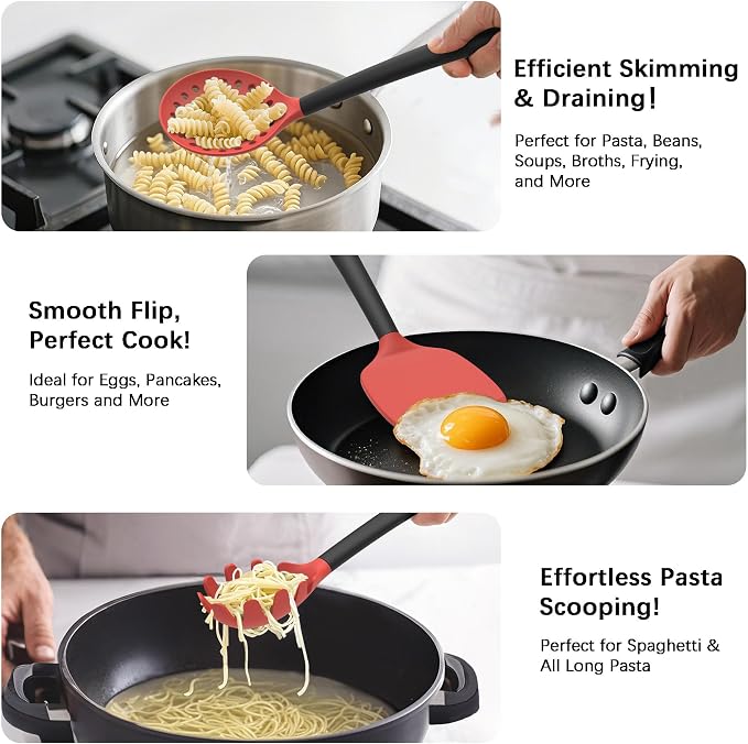 Coukre Silicone Kitchen Cooking Utensils Set, Heat Resistant, 14-Piece | Dishwasher-Safe, Food-Grade Silicone, BPA-Free, Spatulas, Spoons & Turner, Safe for Nonstick Cookware, Red