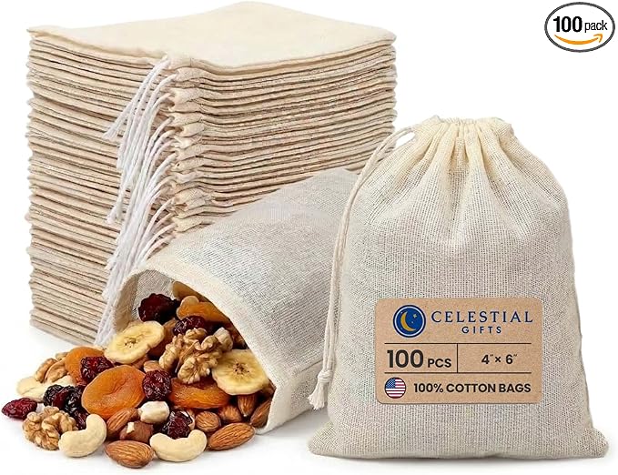 Celestial Gifts Cotton Muslin Bags, 100pcs, 4x6 Inches, Made in USA | Reusable Drawstring Bags For Party Favors, Herbs & Spices, Natural Cotton For Eco Friendly Storage, DIY Crafts & Tea Sachets