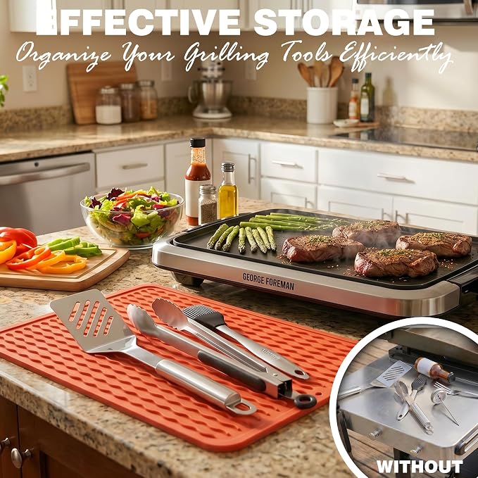 2 Pack Caketime Silicone Grill Mats Compatible with All Griddle Types Flat Top Accessories Kitchen Countertop Outdoor Patio Tools Summer Camping Lawn Gadgets Father Dad Chef Men Gifts(Orange)