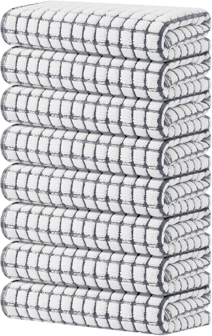 Kitinjoy Cotton 8 Pack Terry Kitchen Towels, Grey | 16 x 25 Inches Super Soft and Absorbent Dish Towels, Quick Drying hand towels for kitchen Drying