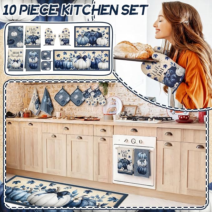 Fourluoo 10 Pcs Kitchen Dish Towels Rugs Oven Mitts and Pot Holders Set Farmhouse Kitchen Decor Set for Women Mom Daughter Gift Cooking Baking Grilling(Blue,Pumpkin)
