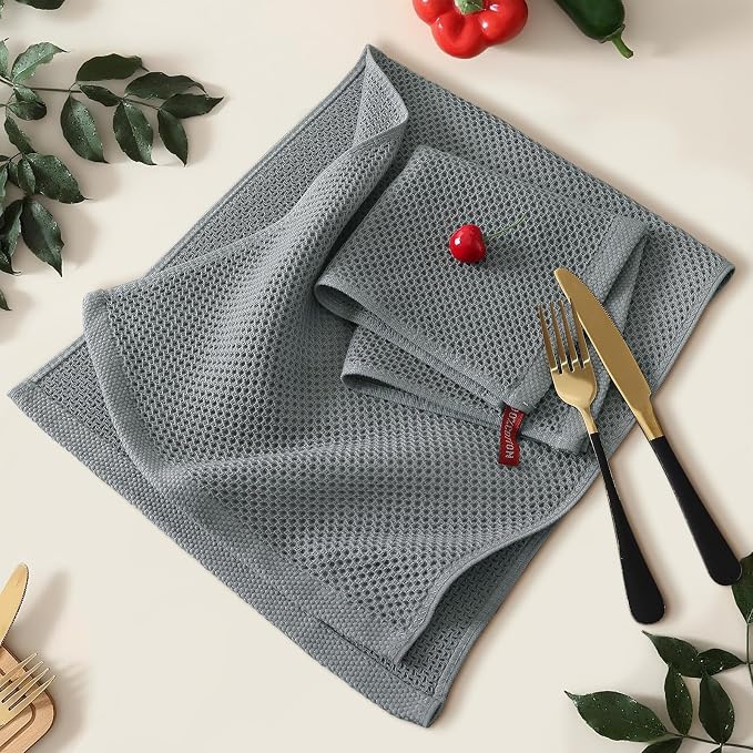 Kitinjoy 100% Cotton Waffle 4-Pack Kitchen Towels, 13" x 28", Grey | Super Soft, Ultra-Absorbent, Fast Drying, lightweight, Quick Drying Kitchen Hand Towels