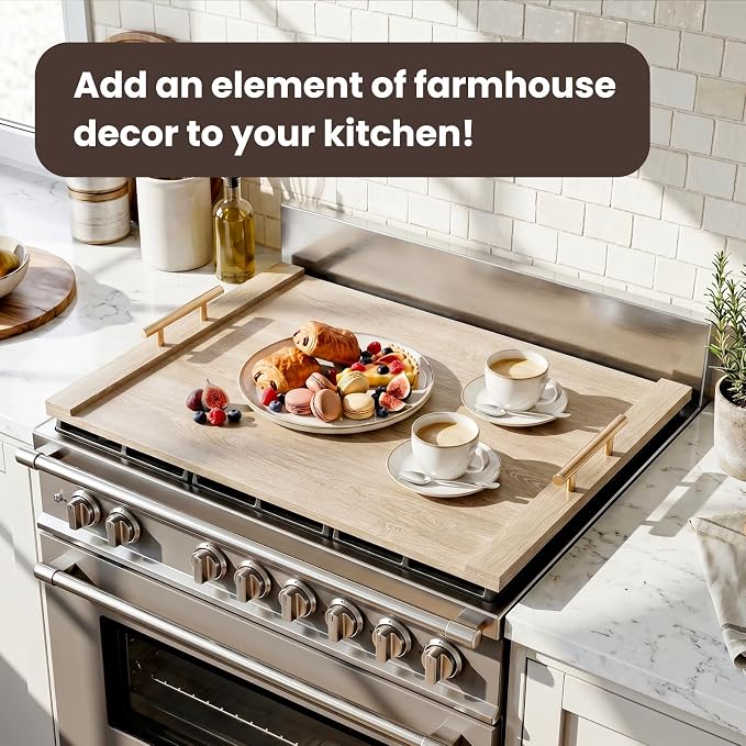 30 * 22" Wooden Stove Top Cover for Electric Stove and Gas Burners | Noodle Board Stove Cover with Handles, Kitchen Sink Cover for Counter Space & Tray