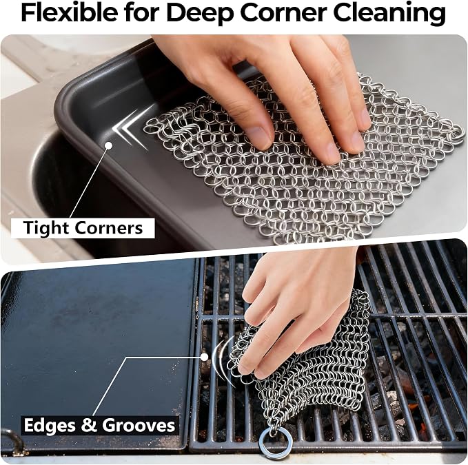 AMAGABELI GARDEN & HOME 10”x10” Stainless Steel Cast Iron Cleaner Chainmail Scrubber for Cast Iron Pan Skillet Cleaner for Dishes Cast Iron Pot Cookware Accessories BG263