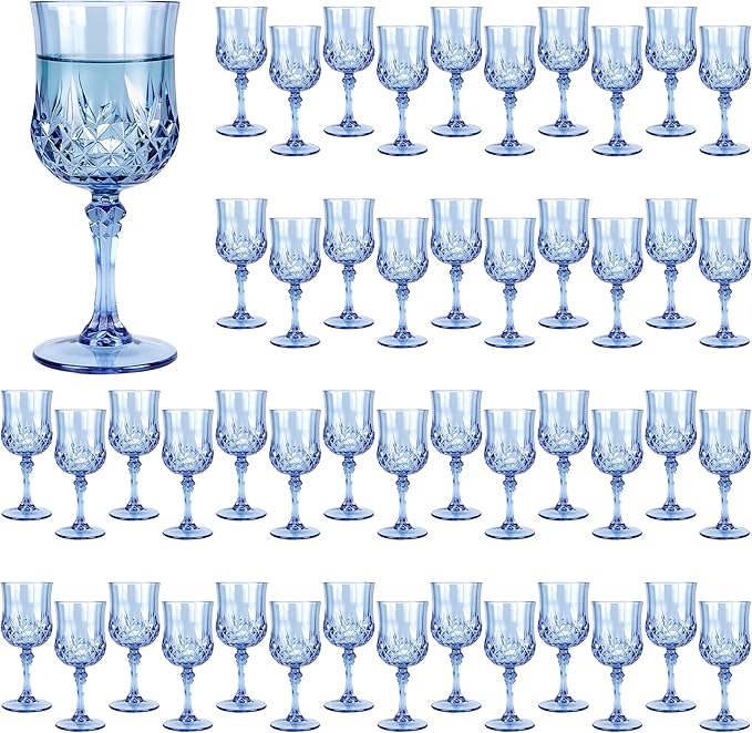 48Pack Plastic Wine Glasses, 7oz Vintage Goblets for Wedding | Unbreakable Crystal Style Reusable Stemware, Elegant Blue Drinking Glass for Party Anniversary & Holiday Celebration