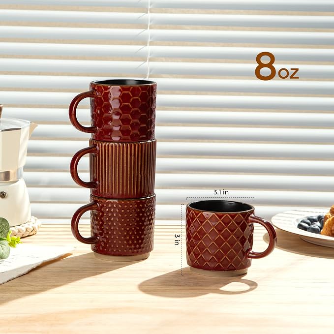 GBhome 8 OZ Stackable Coffee Mugs Set of 4, Ceramic Coffee Cups Set | 4 Assorted Designs, Embossed Mugs with Texture Patterns for Espresso/Tea, Dishwasher&Microwave Safe,