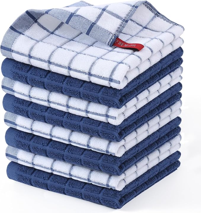 Homaxy Premium Cotton Kitchen Dish Cloths 12"x 12", 8 Pack, Navy Blue | Natural Ring Spun 390 GSM Dish Rags, Super Absorbent Terry Dish Towels, Soft Dishcloths with Hanging Loop
