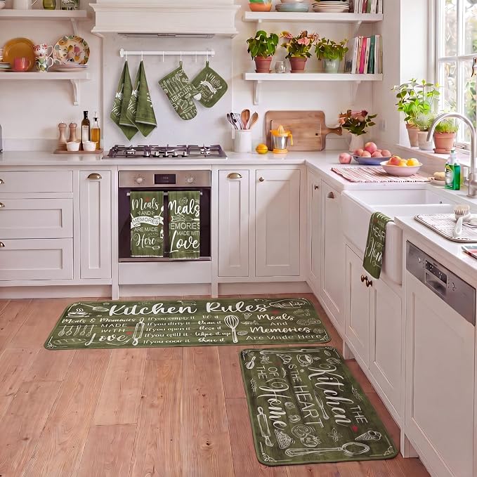 Fourluoo 10 Pcs Sage Green Kitchen Decor Farmhouse Oven Mitts and Pot Holders Sets Green Dish Towels Rustic Vintage Kitchen Rugs Mats for Women Home Decorations Baking Cooking Birthday Summer Gifts