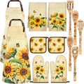 Bencailor 13 Pcs Sunflower Kitchen Set Retro Yellow Farmhouse Kitchen Decor Rustic Sunflower Dish Towels Retro Yellow Apron Oven Mitts and Pot Holders with Cute Wooden Tableware Set for Home