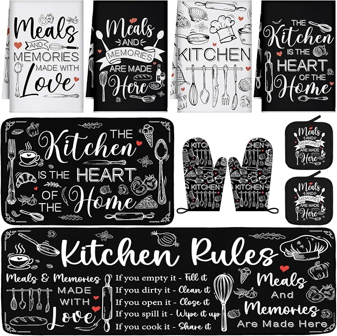 Fourluoo 10 Pcs Black and White Kitchen Decor Farmhouse Oven Mitts and Pot Holders Sets Vintage Kitchen Dish Towels Rustic Pattern Oven Mitts for Home Decorations Baking Cooking