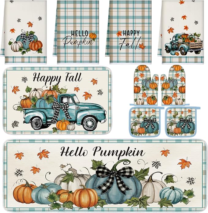 Fanfanwin 10 Pcs Fall Pumpkin Kitchen Decor Set Kitchen Towels Pot Holders Oven Mitts and Rugs Set Thanksgiving Towels for Baking Cooking BBQ Autumn Home(Light Blue,Classic Pumpkins)